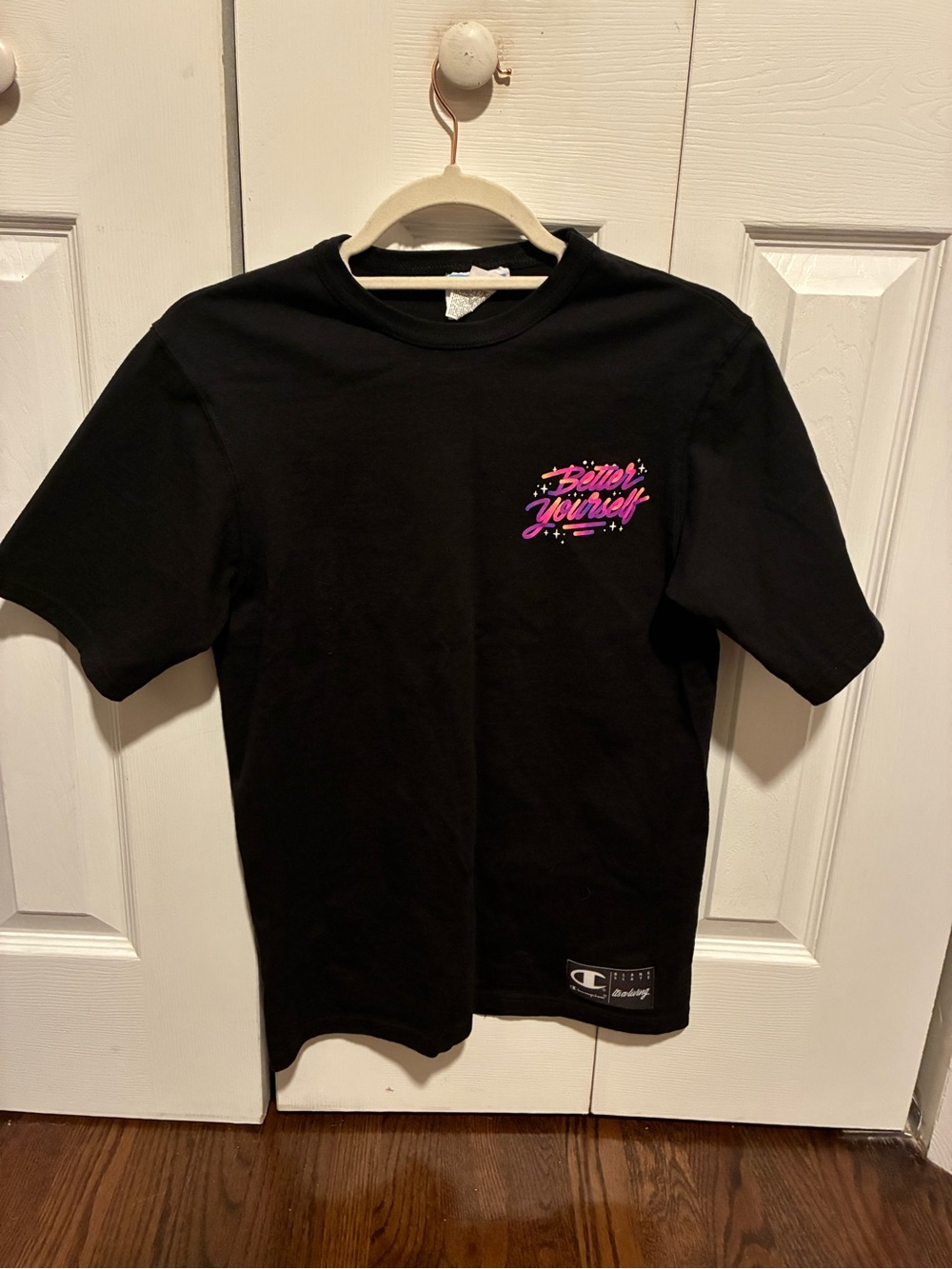 Champion Black Tee with Pink 'Better Yourself' Graphic